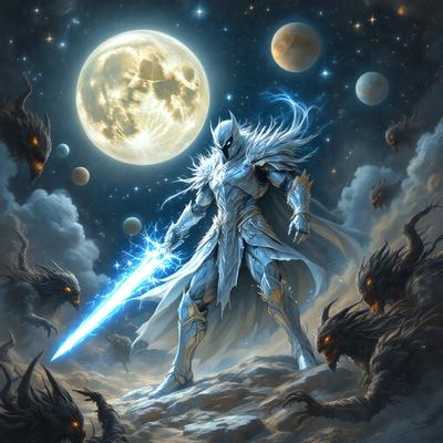 The primary subject of the image is a man dressed in a white and gold costume, holding a blue sword. He is standing on a rocky surface, possibly a mountain, with a night sky in the background. The visual style of the image is digital art, and the colors and mood are dark and dramatic.